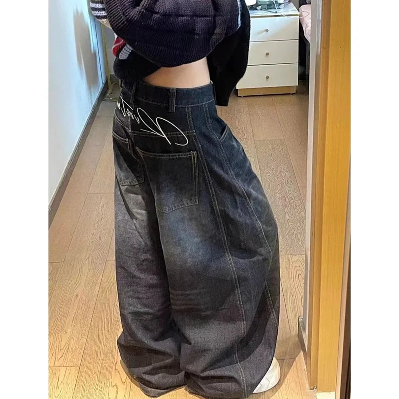 High Waist Vintage Design Hip Hop Straight Baggy Denim Pants