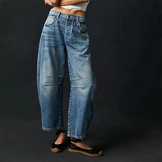 High Stretch Mid-Rise Barrel Jeans Fashion wide Leg Shape Women Casual Baggy Mid Waist Denim Jeans