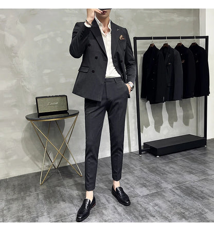 ( Blazers + Pants ) Boutique Fashion Solid Color Double-breasted Men's Casual Business Slim Suit 2-piece Set Groom Wedding Dress