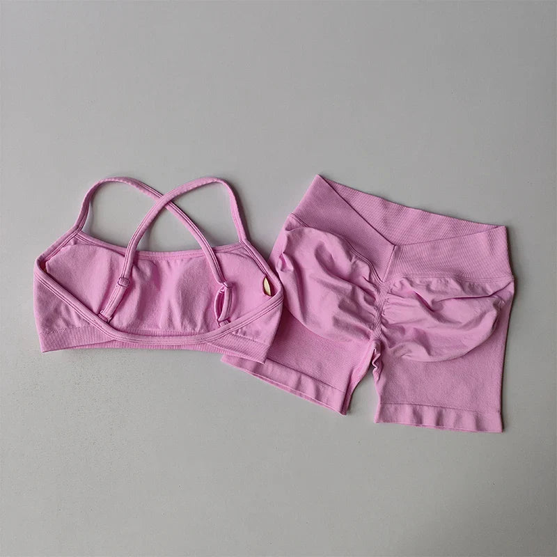 New Women's Seamless Workout Sets Thin Strap Back Sports Bra & 3-Inch Shorts, Quick Dry Gym Yoga Outfits