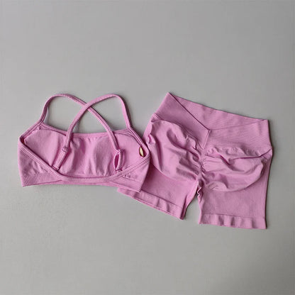 New Women's Seamless Workout Sets Thin Strap Back Sports Bra & 3-Inch Shorts, Quick Dry Gym Yoga Outfits