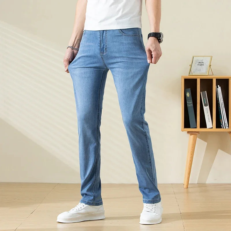 Summer Thin Mens Clothing Cowboys Slim Straight Jeans Men Denim Pants Casual Regular Fitness Men's Trousers Light Blue 2026 Y2K