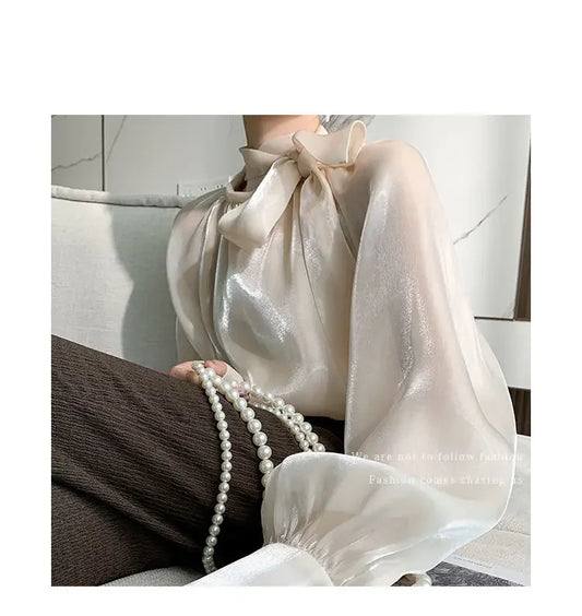 Women's Satin Blouses Stylish Big Bow Shirts 2023 Spring Autumn New Fashion Korean Edition Casual Puff Sleeve Female Solid Top