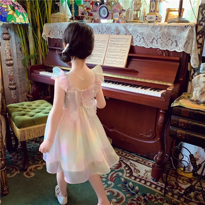 Rainbow Color Fancy Butterfly Dress for Baby Girls Summer Tie Dye Elastic Bust Mesh Frock Toddler Cute Casual Suspenders Robes
