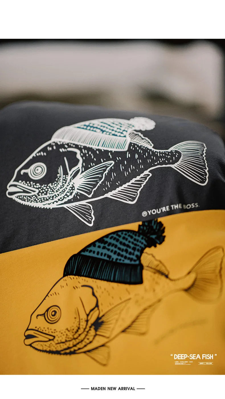 Maden Vintage Flocked Print Short-sleeved T-shirts Animal Pattern Cotton Round Neck Tops for Men's Summer Casual Loose Fit Tee