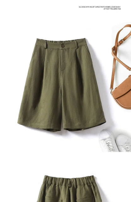 Cotton and Linen Shorts for Women Summer 2025 Loose High Waisted Wide Leg Pants Casual Versatile Solid Retro Straight Shorts