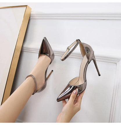 Professional Suit French High Heels One-Liner Strap Pointed Toe Thin Heel Shallow Mouth Hollow Super High Heels Versatile