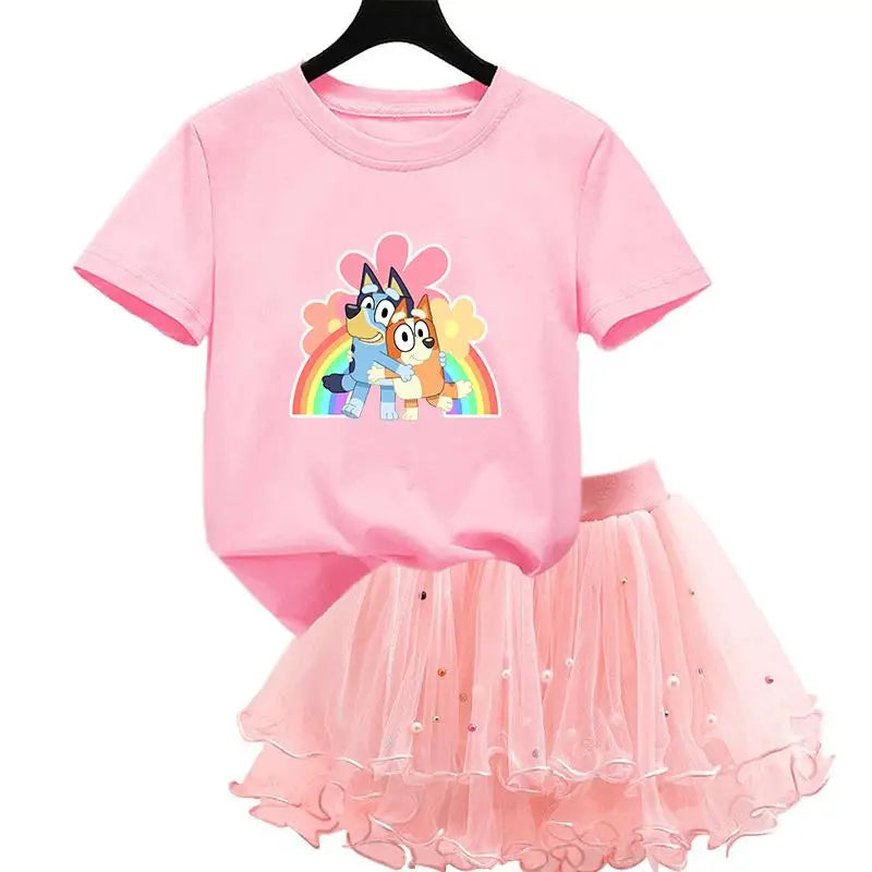 2Pcs/Set Girl Dress Kid Birthday Clothes Party Princess Dress Cartoon T-shirt+Tutu Skirt Summer Evening Christmas Gift