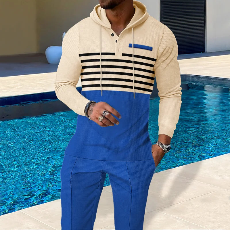 New Men's Waffle Casual Set Outdoor Four Seasons Versatile Trendy Stripe Color blocked Hoodie, Casual Pants Two Piece Set