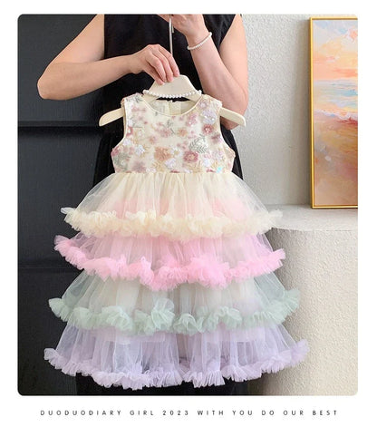 Vestido Regata para Meninas Verão 2025 Novo Vestido Elegante de Malha com Babados para Meninas Vestido Princesa Roupa Infantil de Fada