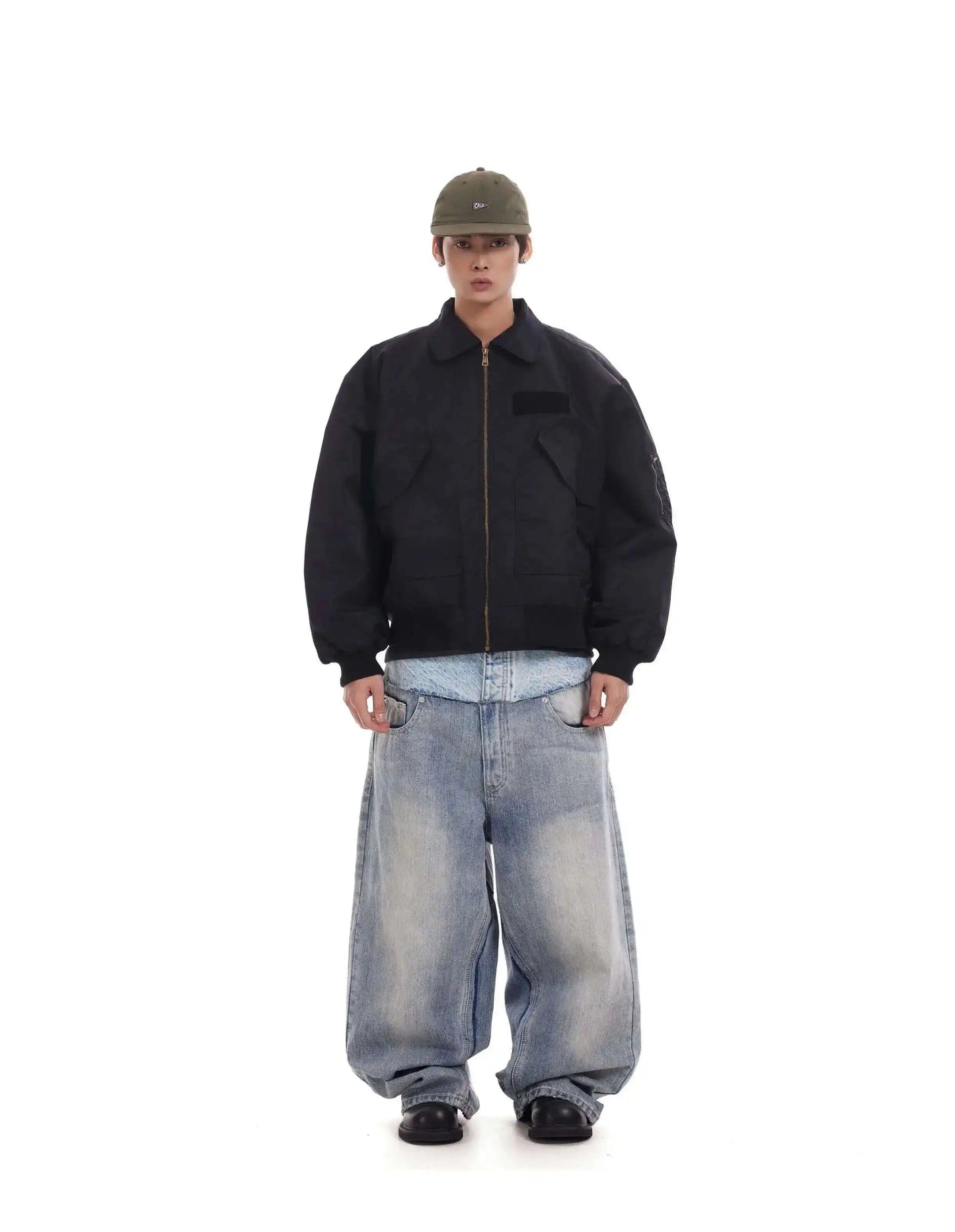 Niche Colorblock Patchwork Wide Leg Blue Jeans Men's Spring 2025 New Straight Double Waist Design Denim Trousers 28W6048