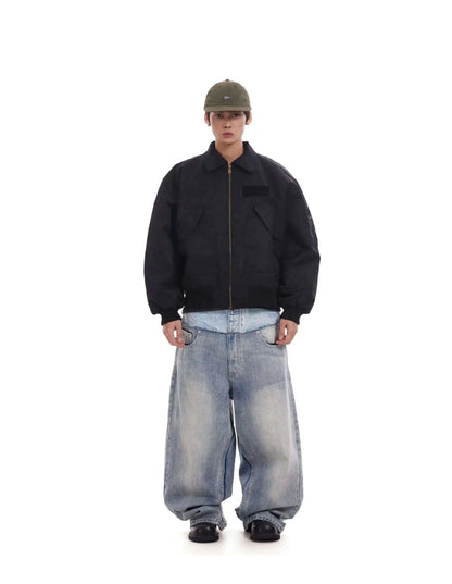 Niche Colorblock Patchwork Wide Leg Blue Jeans Men's Spring 2025 New Straight Double Waist Design Denim Trousers 28W6048