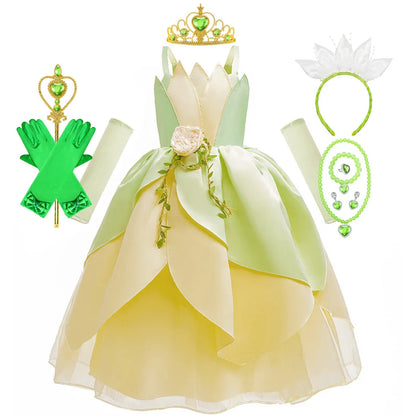 Kids Girl Tiana Dress for Girls Birthday Party Halloween Ball Gowns Evening Birthday Fancy Layered Costume Floral Fairy Clothing