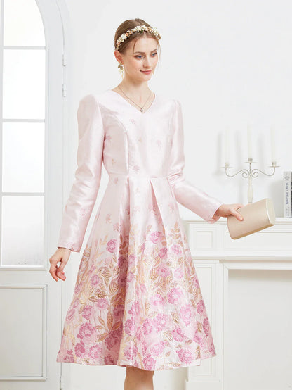 Fall/Winter Elegant French-style Romantic Pink Heavy Embroidery V-Neck Long-Sleeve Party Banquet Dress wedding guest dress