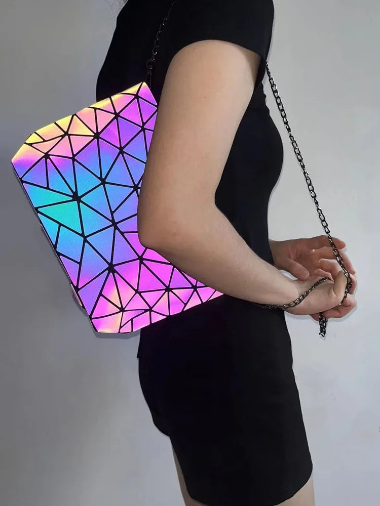 Fashion reflective Chain crossbody bags for women folding geometric holographic purses luminous sling shoulder bag