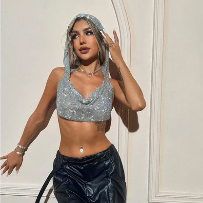 2025 Summer New Rhinestone Hooded Crop Top Sexy Deep V Neck Backless Sleeveless Glitter Tank Top Rave Nightclub Party Camisole