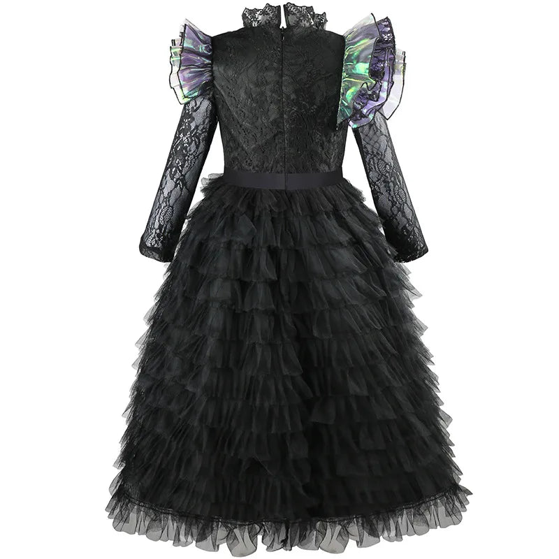 Halloween Witch Elphaba Costume Kids Purim Fantasy Outfits Girls Fancy Sets Children Long Sleeve Lace Ruffles Black Party Gown