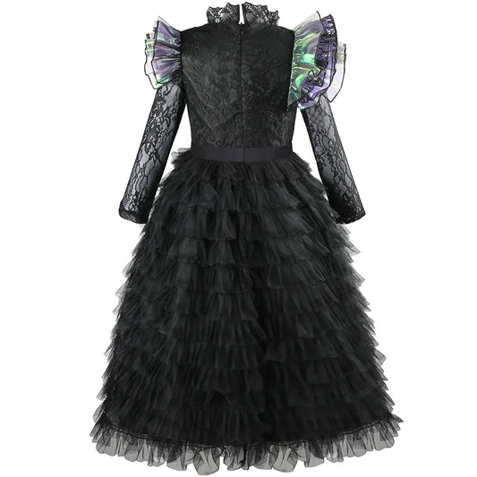 Halloween Witch Elphaba Costume Kids Purim Fantasy Outfits Girls Fancy Sets Children Long Sleeve Lace Ruffles Black Party Gown