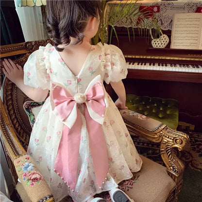 New Summer Princess Girls Dress Full Print Roses Flowers Pearl Inlay Decoration Puff Sleeve Bow Mesh Tutu Party Dresse For Kids