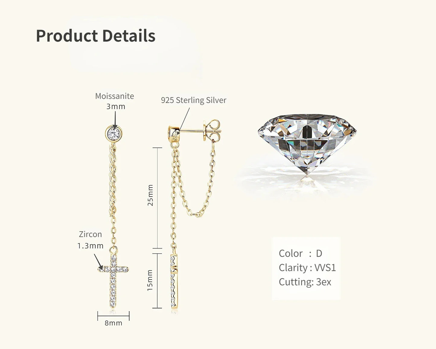 3mm Round Moissanite Diamond Cross-shaped Earrings for Women S925 Sterling Silver Earrings Wedding Party Fine Jewelry