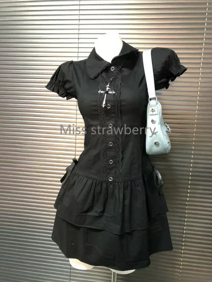 Summer Chic Vintage Black Short Sleeve Dress Women High Street Y2k Patchwork Slim Lapel Gothic Dresses Retro Hot Girl Clothing