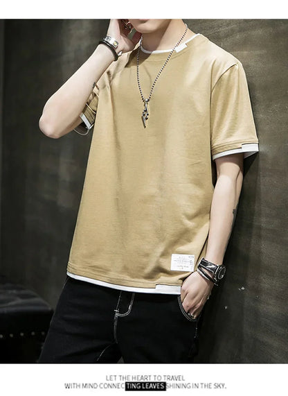 Classic Fake Two Short Sleeved Men's Pure Cotton T-shirt, Men's Summer Men's Interior Matching Trendy Brand T-shirt