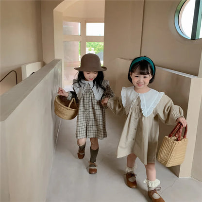 Baby Girls Dress Casual Plaid Clothes Summer New Korean Cotton Linen Girls Princess Dress Big Turn Down Collar Dress