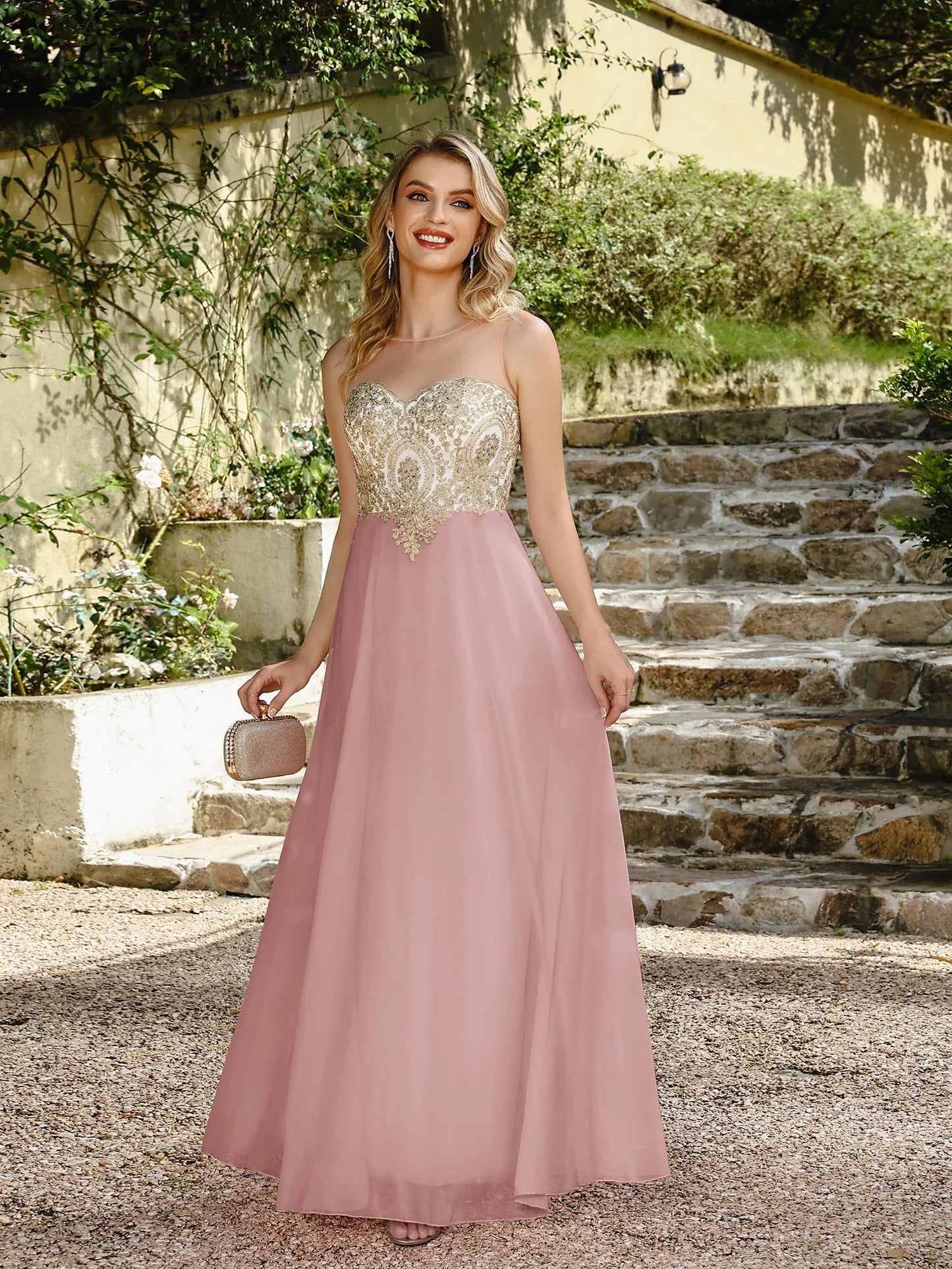 Elegant Sweetheart Prom Dress with Gold Embroidered Bodice & Flowing Chiffon Skirt for Homecoming & Formal Events