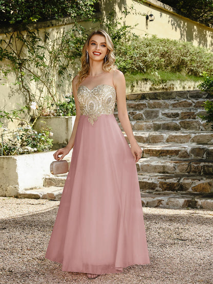 Elegant Sweetheart Prom Dress with Gold Embroidered Bodice & Flowing Chiffon Skirt for Homecoming & Formal Events
