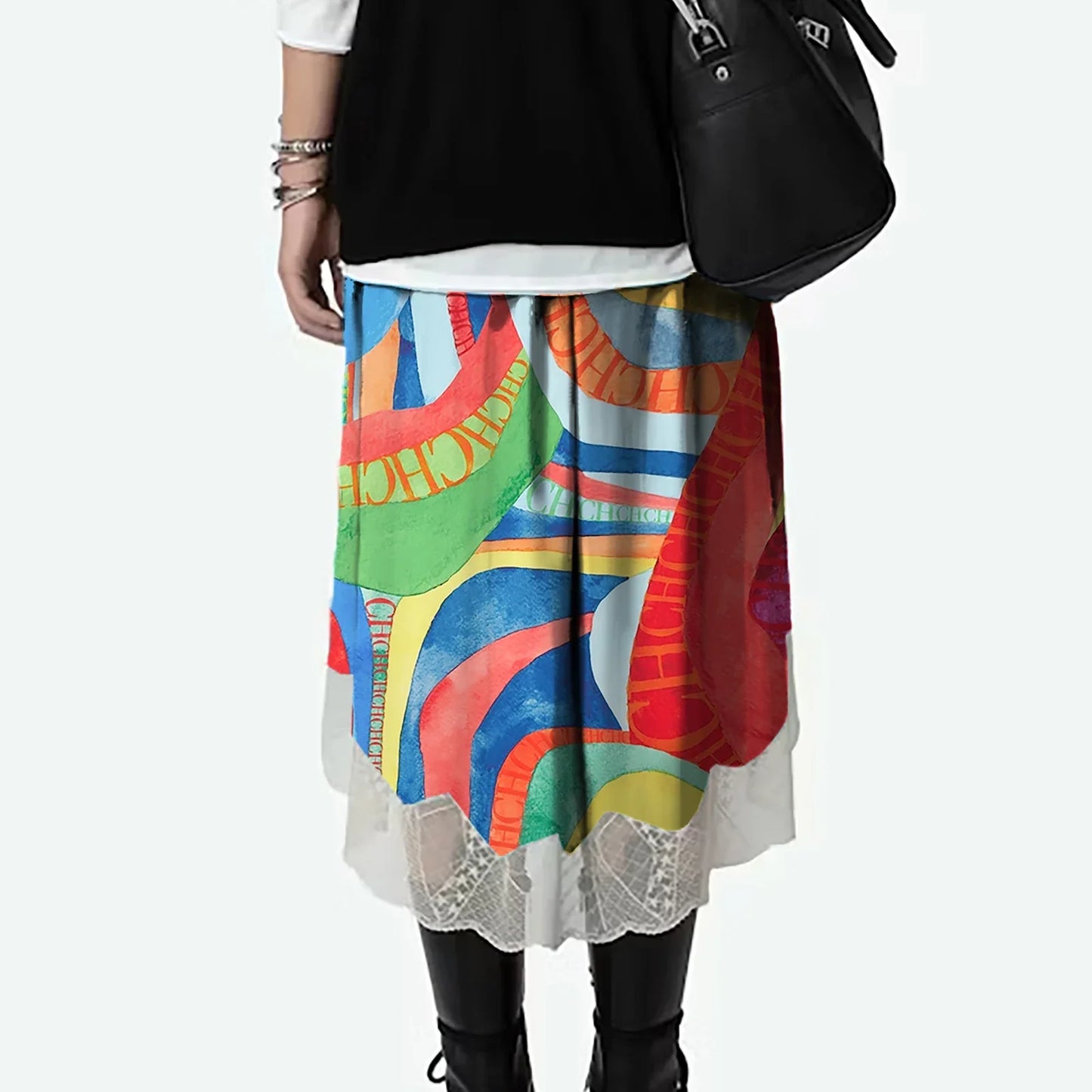 2024 Summer New Print Retro Midi Half Skirt Women's Elegant Lace Lower Half Colored Printed Half Skirt
