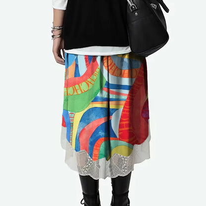 2024 Summer New Print Retro Midi Half Skirt Women's Elegant Lace Lower Half Colored Printed Half Skirt
