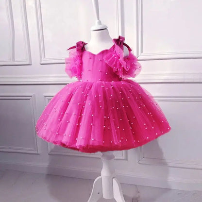 1 to 5 Yrs Kid Summer Baby Girls Ceremonial Dress Children's Pearl Tulle Princess Party Dresses For Wedding Tutu Perform Vestido