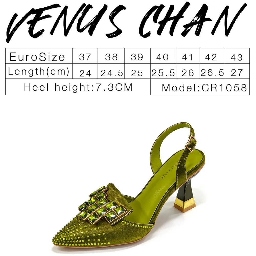 Italian Design Olive Green rhinestone Pointed-Toe Women's High Heels & Matching Bag Set - Ideal for Parties & Weddings