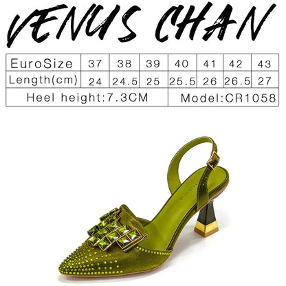 Italian Design Olive Green rhinestone Pointed-Toe Women's High Heels & Matching Bag Set - Ideal for Parties & Weddings