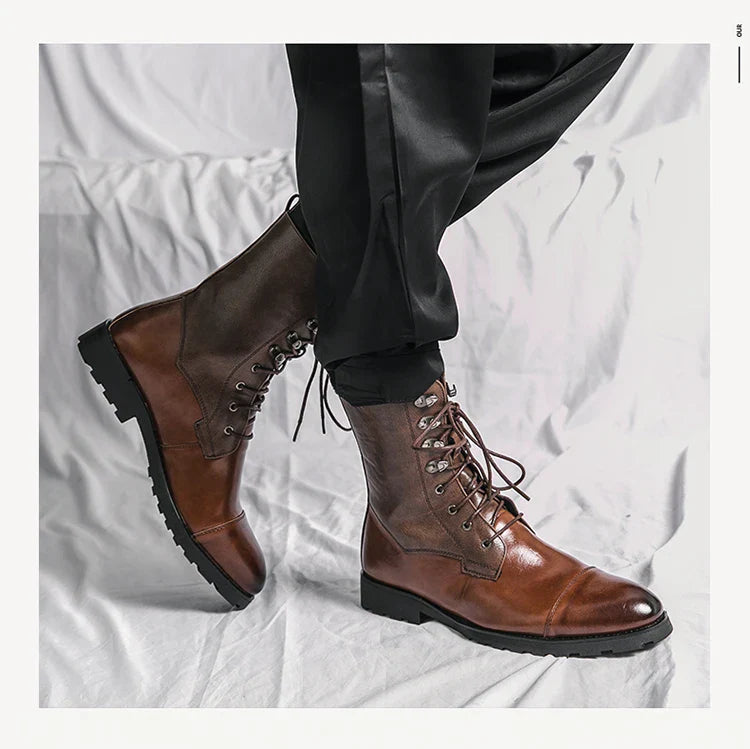 Men Lace Up High-top Boots Fashionable Outdoor Black Combat Boots