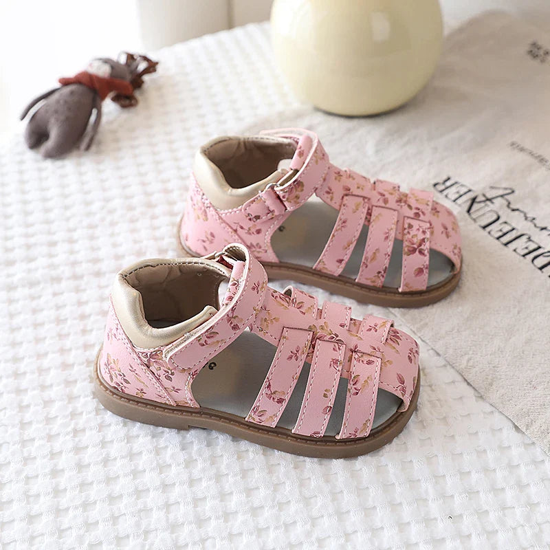 Summer Toddler Girls Floral Closed Toe Sandals Anti-collision Kids Sandal Lovely Hook-loop Sweet Children Beach Shoes 21-30