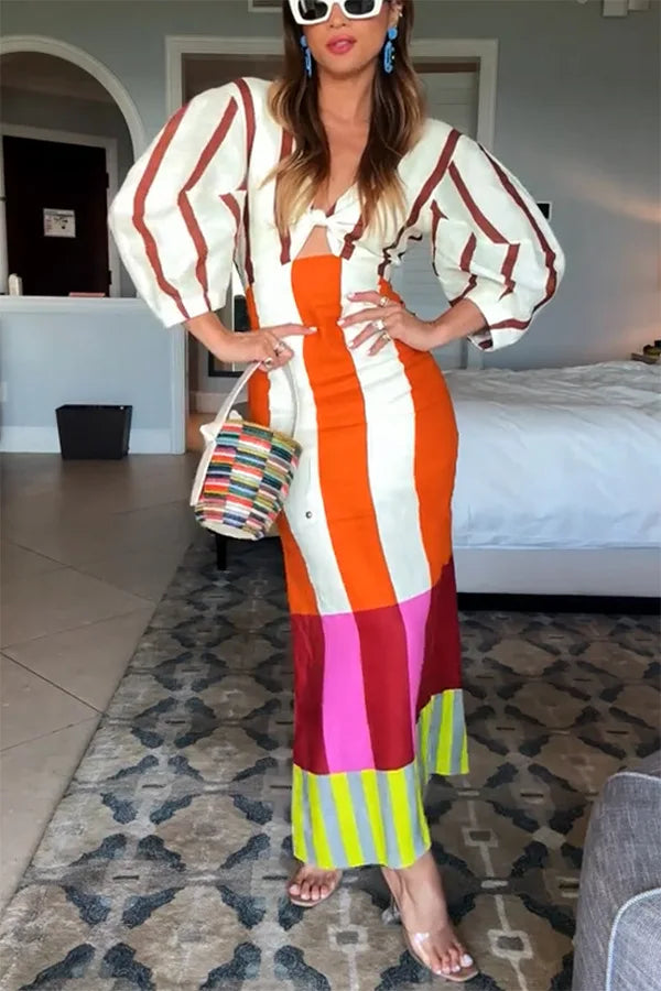 Women Linen Material Long Dresses Fashion Chic Print Sexy V-neck Hollow Out High Waist Party Dress Lady robes