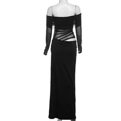 Dress Women 2025 Spring Patchwork Mesh Elegant Slash Neck Ruched Fit Chic Birthday Party Festival Vacation Vestidos
