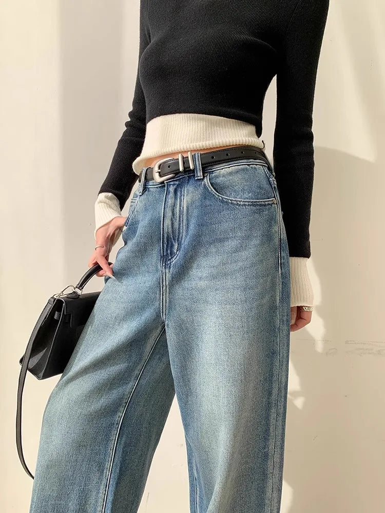 Blue Washed Casual Jeans Women'S New Straight Leg Loose Wide Leg Pants