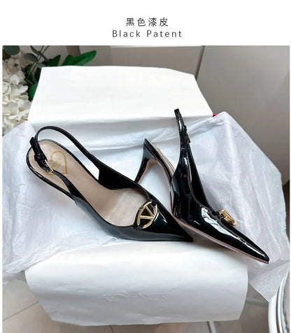 Thin heeled Baotou sandals for women's summer 2026 new style, pointed back strap, metal buckle, versatile high-heeled sandals