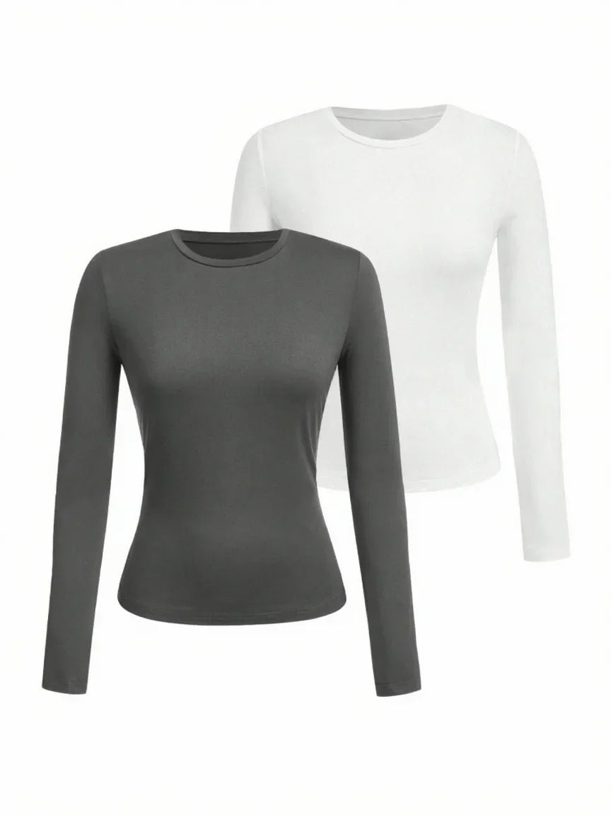 Women's solid-color long-sleeved T-shirt - Polyester knitted fabric, round neck, regular fit, fall-winter style
