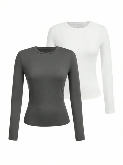 Women's solid-color long-sleeved T-shirt - Polyester knitted fabric, round neck, regular fit, fall-winter style