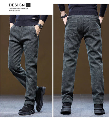 Men's Winter Casual Pants Thick Fleece Warm Elastic Waist Straight Slim Trousers Light Business Comfort Daily Wear Thermal Pants