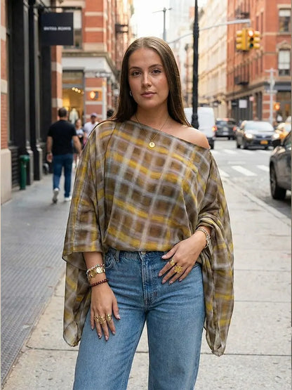Women Fashion Plaid Print Blouse Vintage Casual Loose Asymmetric Hem Tops With Scarf Summer Thin Female Holiday Beach Outfits
