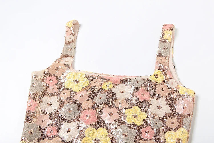 Colorful Flower Print Mini Dress Women Sequins Patchwork Skinny Backless Sleeveless Vacation Trend Elegant Outfits