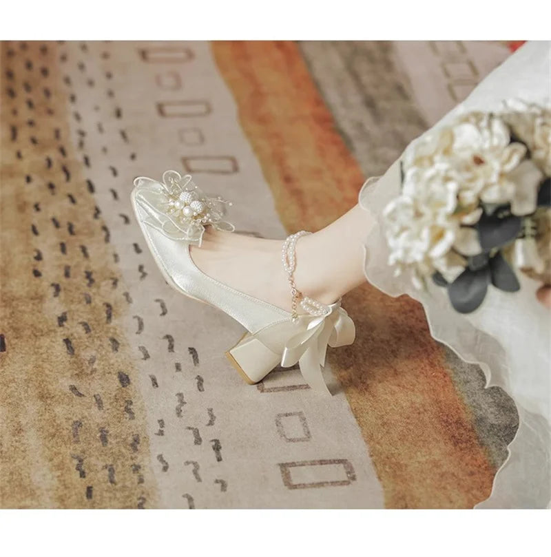 spring and autumn new style fashionable, comfortable and versatile pearl temperament versatile square-toe pumps for women