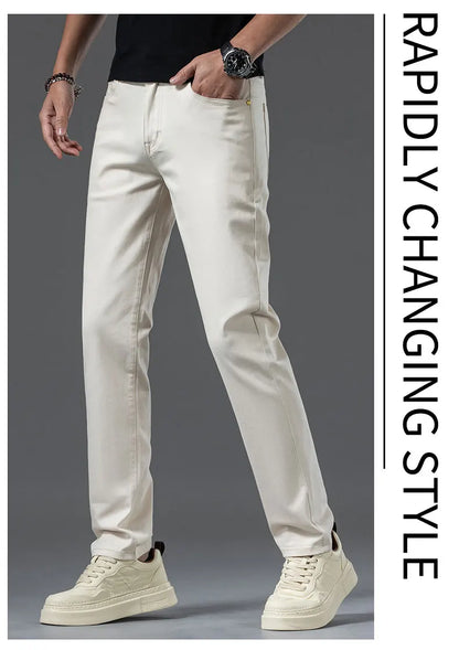 2024 New Men's Khaki White Cotton Stretch Slim Smart Jeans Casual Straight Business Fashion Beige Brand Denim Trousers