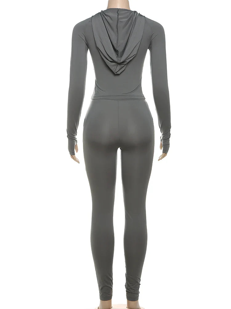 Casual Women 2 Piece Set Classic Tracksuits Solid Long Sleeve Zip-up Hood Tops+Slim Elastic Pants Sporty Concise Outfits