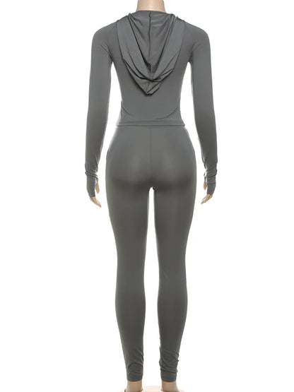 Casual Women 2 Piece Set Classic Tracksuits Solid Long Sleeve Zip-up Hood Tops+Slim Elastic Pants Sporty Concise Outfits
