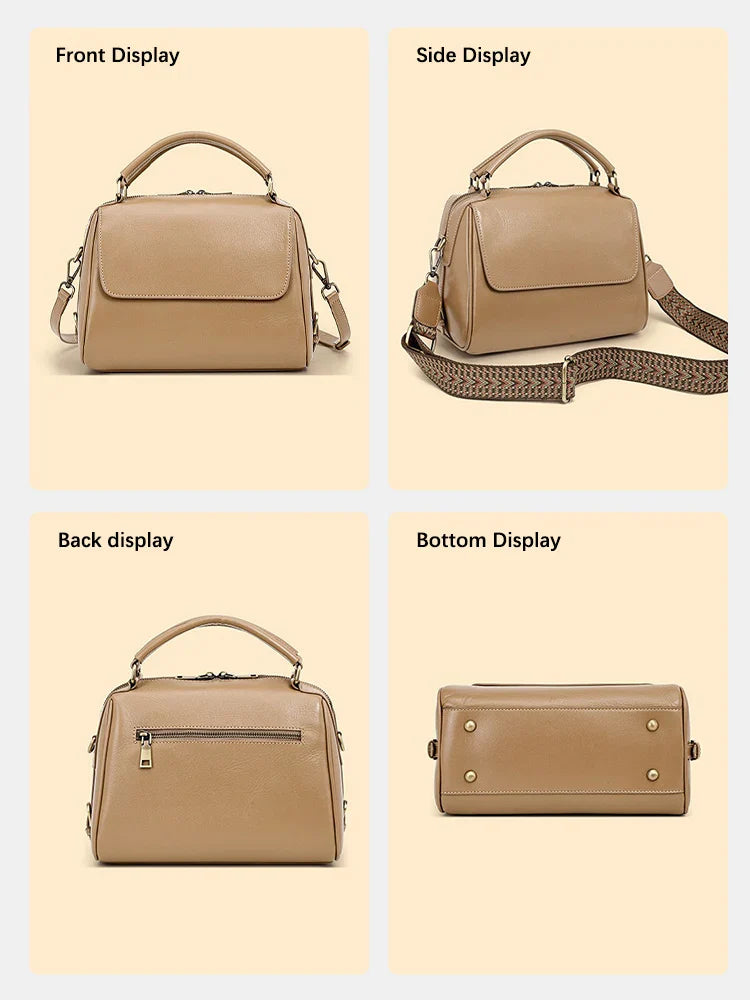 Genuine Leather Women's Handbag Cowhide Shoulder Bag Large Capacity Boston Crossbody Satchel For Fashion Bolsa Two Straps